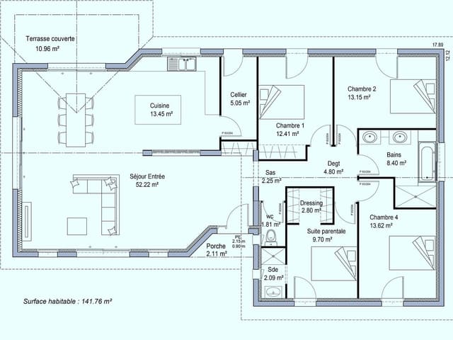 Plan maison moderne 4 chambres terrasse couverte