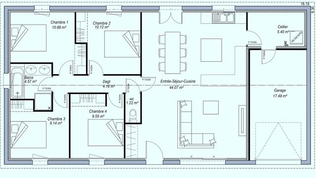 Plan de maison 4 chambres, moderne, spacieuse, garage intégré