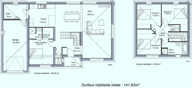 Plan architectural maison moderne 141m², 3 chambres, garage