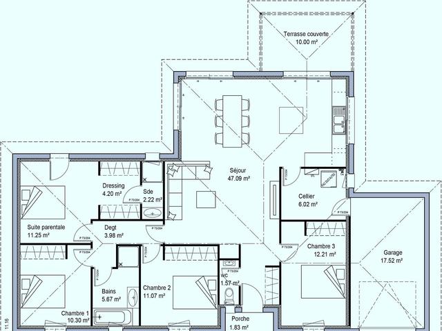 Plan maison moderne 115m² avec garage et terrasse