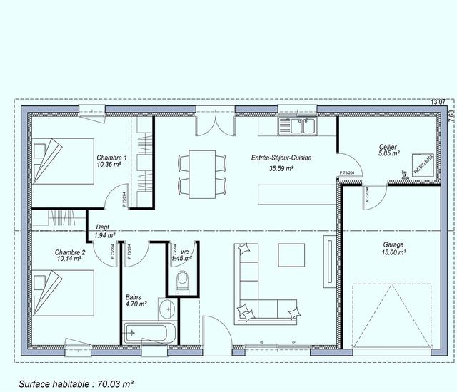 Plan maison moderne 2 chambres, cuisine ouverte, garage.