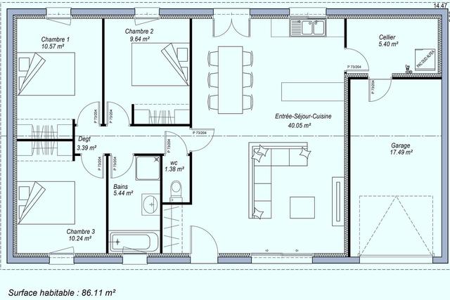 Plan maison moderne 3 chambres, grand séjour, garage intégré