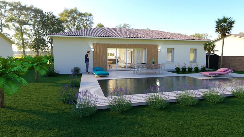 Maison moderne avec piscine, jardin luxuriant, détente en extérieur