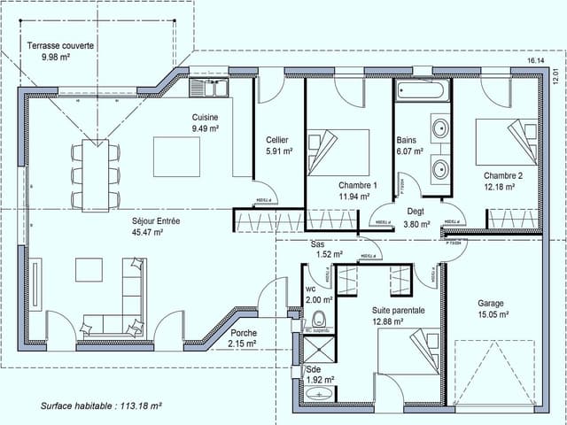 Plan maison moderne 113m² avec terrasse et garage