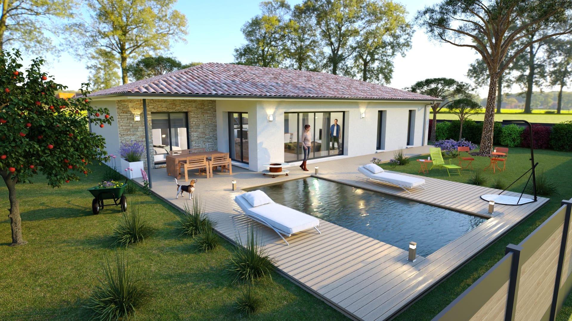Maison contemporaine jardin luxuriant piscine design élégant extérieur